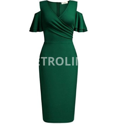 Rushed Cold Shoulder Ruffle Sleeve Dress-Green